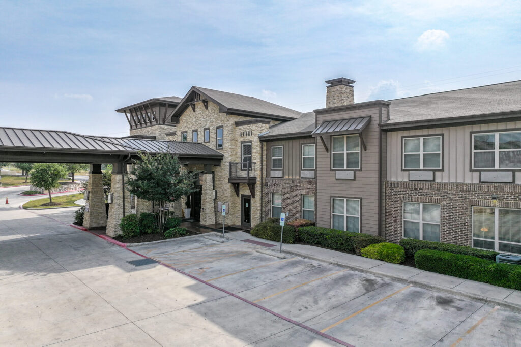 Modern Stone Entrance with Covered Drop-Off for Assisted Living San Antonio