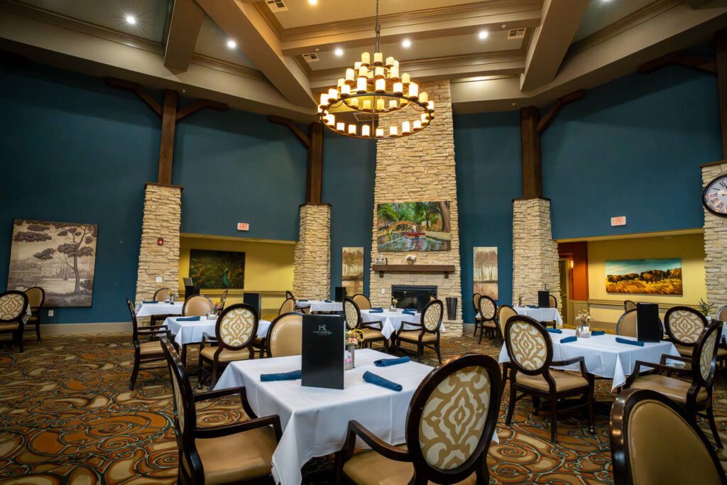 Elegant Dining Room with Chandelier for Residents at Assisted Living in San Antonio Texas