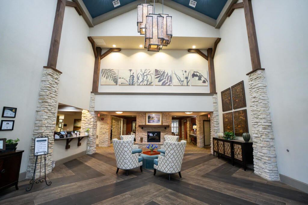 Elegant Reception Lobby with Stone Columns for Memory Care San Antonio Texas