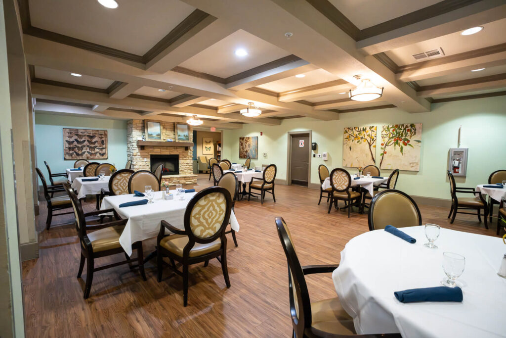 Formal Dining Room with White Tablecloths for Assisted Living Memory Care