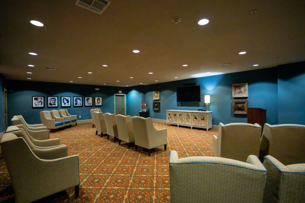 Theater Room with Comfortable Seating for Elderly at Memory Care San Antonio Texas
